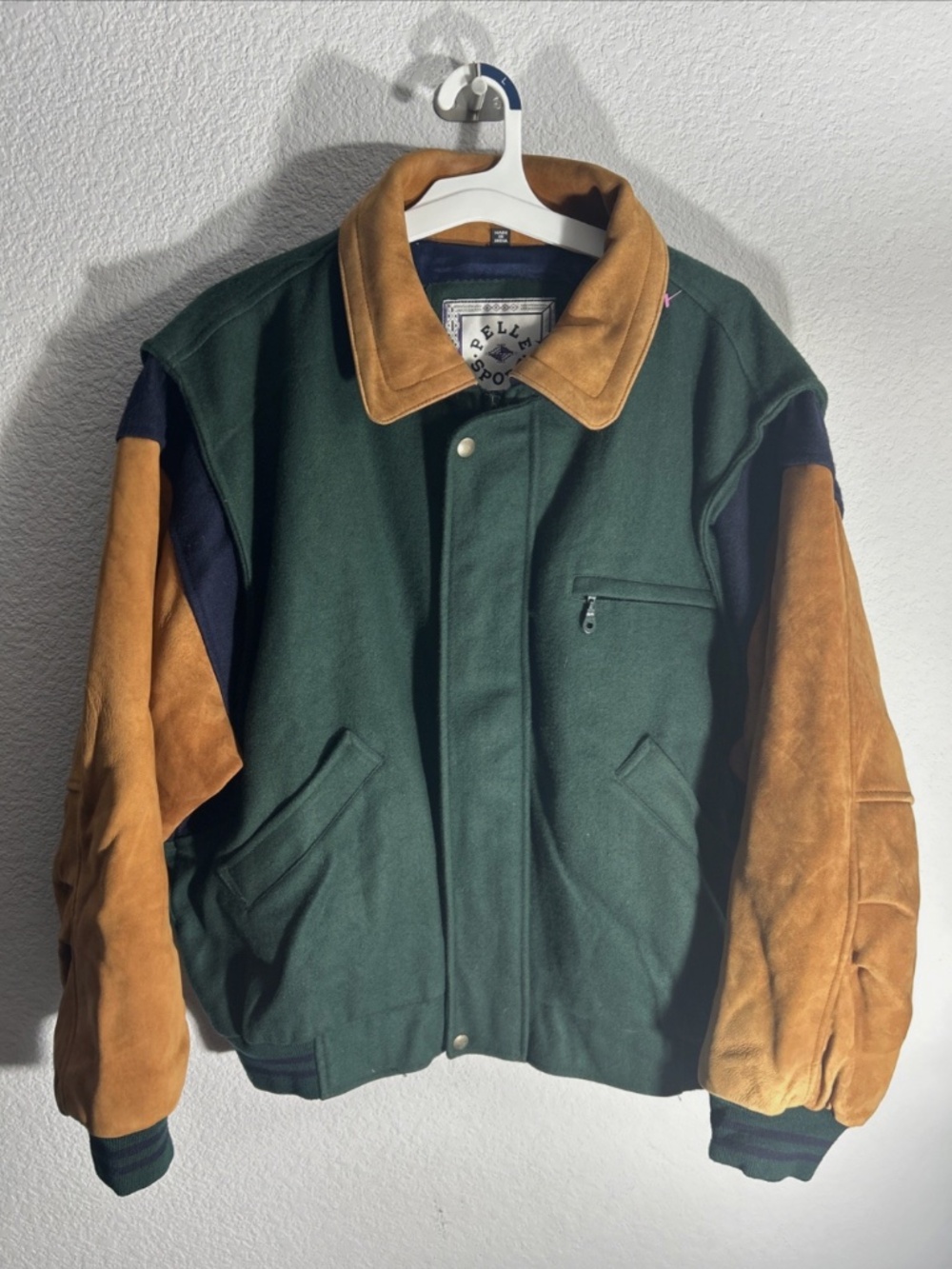 Vintage Pelle Sport Green Blue Colorblock Leather Wool Varsity Jacket Sz. XL EUC